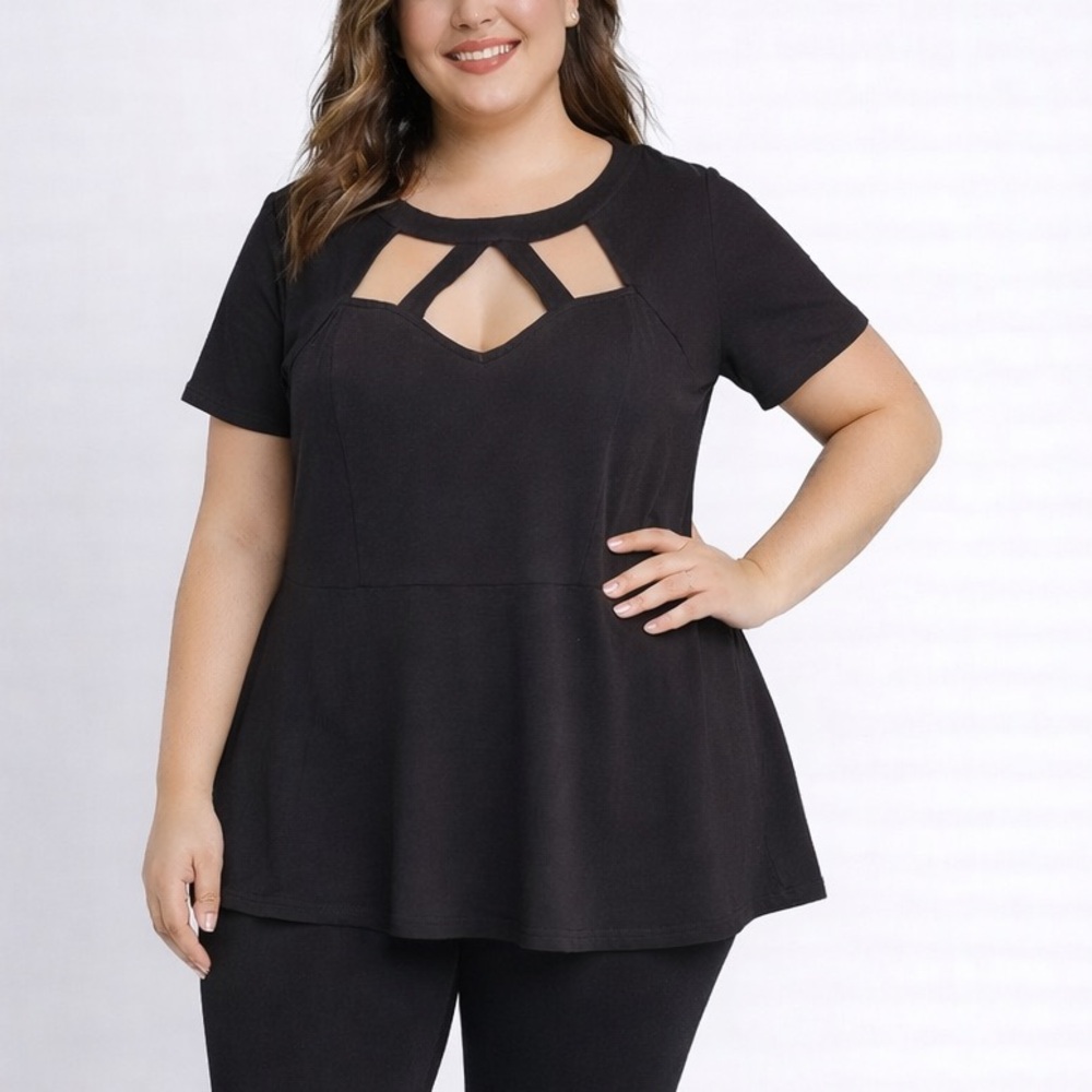 NWT Torrid Solid Black Caged Peplum Short Sleeve Top Plus Sz 1X | $50